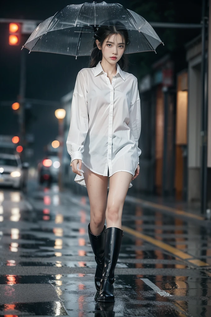 (((best quality))),(((ultra detailed))),(((masterpiece))),illustration,1girl, young,solo, slim,thin,short ponytail,small breasts,flat chest,white collared shirt,briefs,slender legs,boots,standing,rainy night, heavy rain, drenched clothes, melancholy expression, solitude, tear rolling down cheek, wet hair, empty streets, dimly lit, deserted environment, sound of rain, footsteps, symbol of hope, abandoned, resilience, determination, walking in rain, heartbreak, loss, love fading, loneliness, body language, facial expression, dreary atmosphere, rain-soaked streets, somber mood, viewer engagement,full body