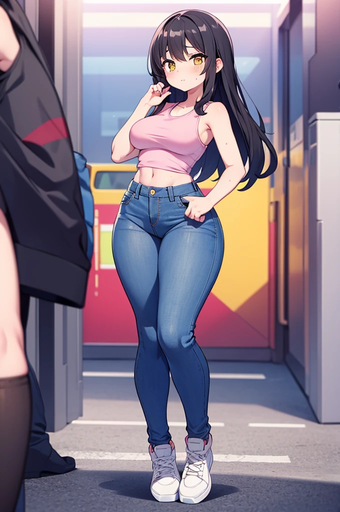 Young anime milf, long wavy black hair, long black hair, yellow eyes, full body, big tits, big breasts, big thighs, big waist, thick legs, thicc legs, small feet, small, short, short sexy body, curvy body, curvous body, curvy legs, slight abs, voluptous body, tight jeans, tight sleeveless pink tank top, sweating, cute, sussy
