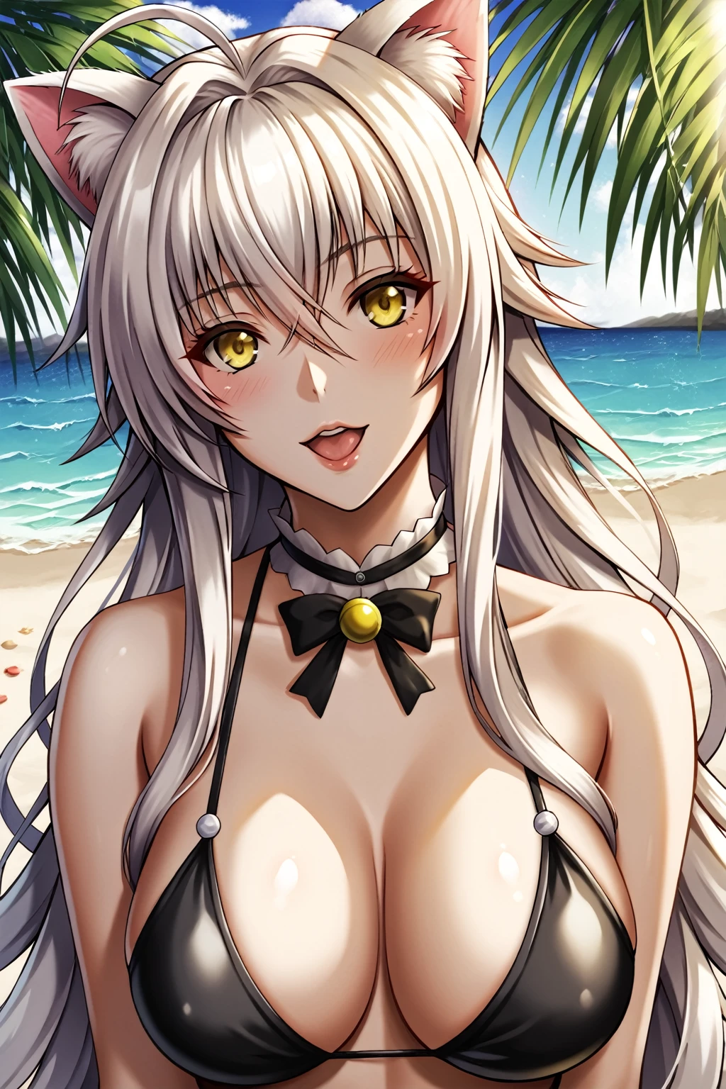 Koneko Toujou from High School DxD, white hair, yellow eyes, cat ear, ., cute Beach background. Masterpiece, detailed, UHD