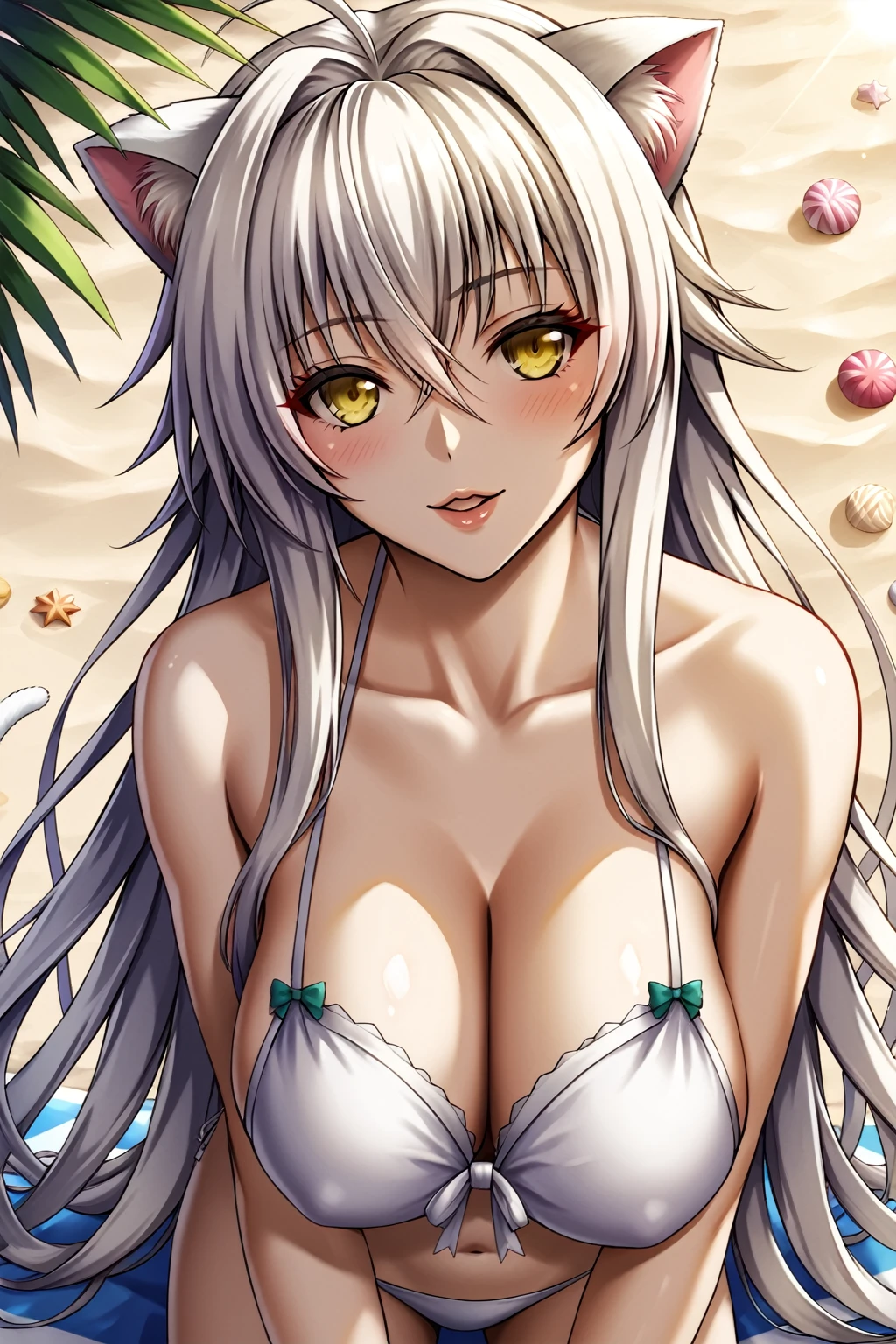 Koneko Toujou from High School DxD, white hair, yellow eyes, cat ear, sexy., cute Beach background. Masterpiece, detailed, UHD