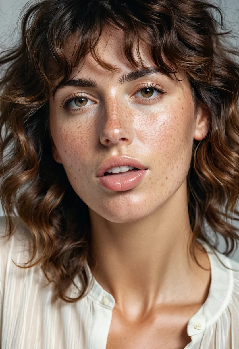 Portrait of Roberta Gemma, italian woman, 30 years old, face highly detailed, natural skin with light freckles, light make-up, Curly Shag with Bangs hair, she sticks out her tongue.