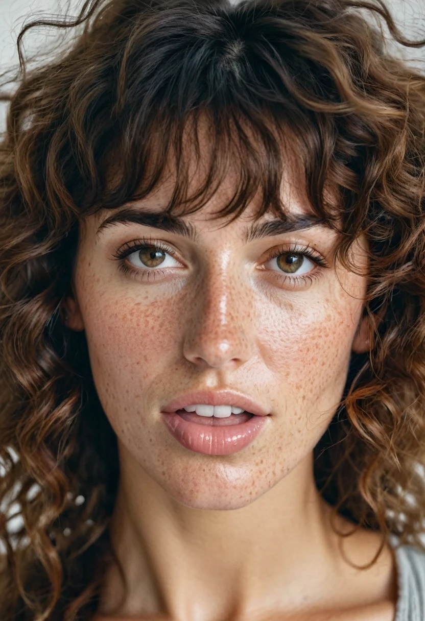 Portrait of Roberta Gemma, italian woman, 30 years old, face highly detailed, natural skin with light freckles, light make-up, Curly Shag with Bangs hair, she sticks out her tongue.