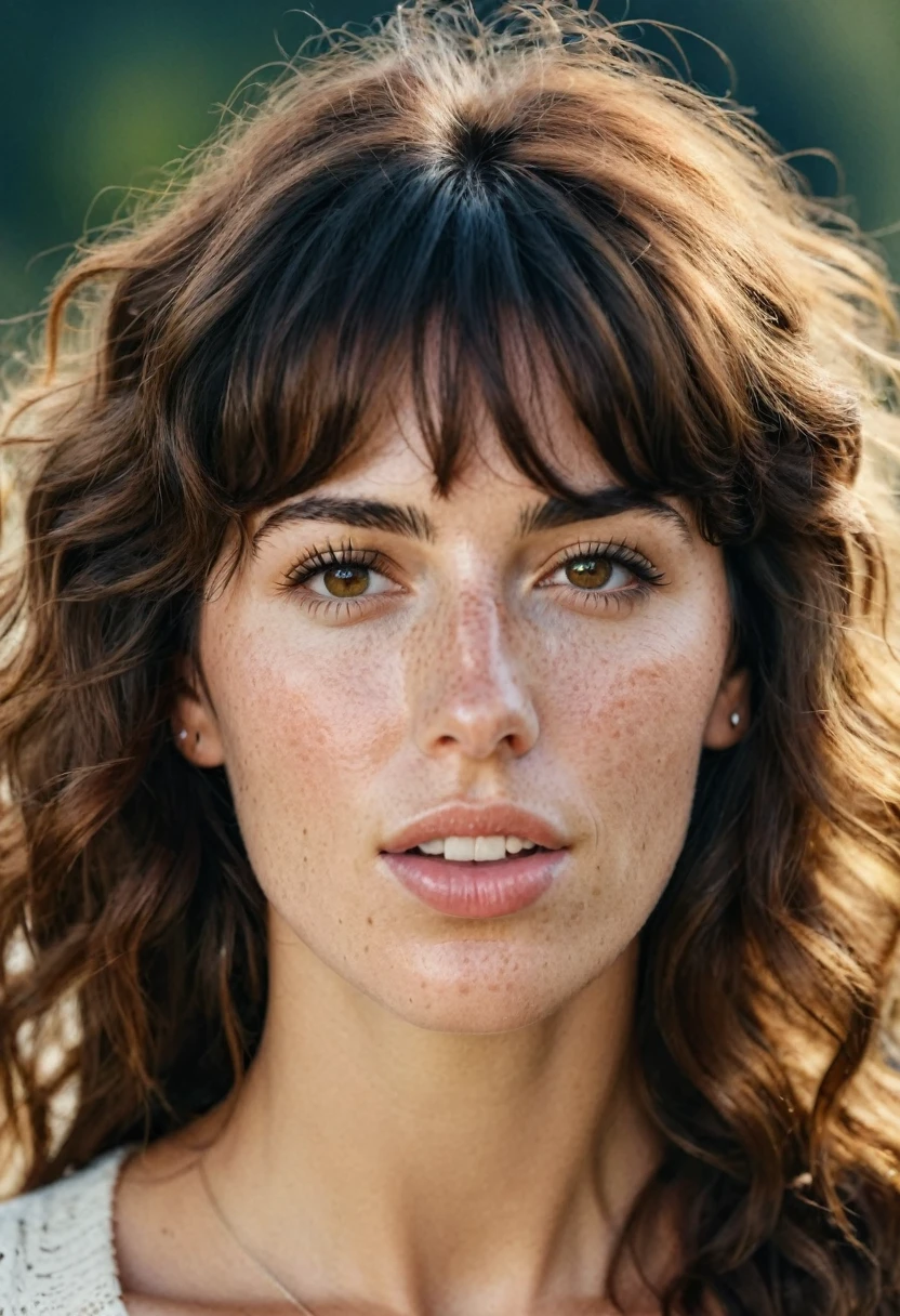 Portrait of Roberta Gemma, italian woman, 30 years old, face highly detailed, natural skin with light freckles, light make-up, Curly Shag with Bangs hair, she sticks out her tongue.