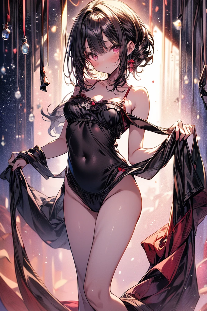 ((highest quality)),(ultra high resolution),(Super detailed),(detailed description),((best CG)),(best work of art),super precision art, great drawing art,(Art with precise details:1.5), (1 woman:1.5), beautiful and well-shaped face:1.5,(Beautiful skin with precise and detailed depiction:1.6),(Very precisely depicted black sheer Pyjama nightdress:1.5),provocative angle:1.6,gorgeous, beautiful young age girl, 13 ynned white skin, loose and flowing silky thigh-length negligee sleepwear, short shoulder length hair, sleek dark violet-black hair, Pixie cut hair, big round velvet colored eyes, fringe bangs over forehead, oval shaped face, sharp facial features, high-bridged nose, full cherry pink lips. medium height(172cm). D-cup breasts, small narrow waist. small delicate curvy hips, smooth silky thick thighs, large round ass, hourglass figure, slender and slim build, standing upright, full body picture, hip-level shot. classy and opulent bedroom setting