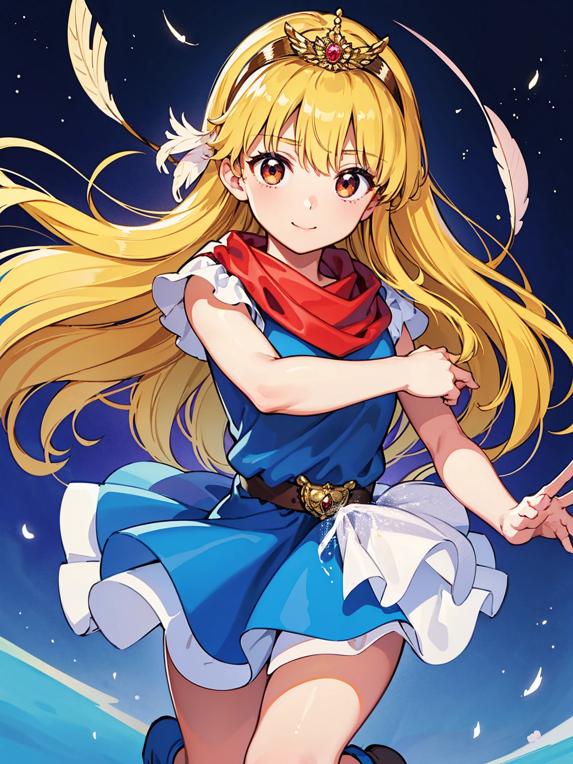 masterpiece、1 beautiful girl、fine eyes、smile,puffy eyes、highest quality, 超High resolution, (reality: 1.4), movie lighting、super beautiful、beautiful skin、body facing forward、Upper body,close up of face,(Ultra-realistic)、(High resolution)、(8k)、(very detailed)、(Beautiful and fine eyes)、(Super detailed)、 (wall-)、detailed face、bright lighting、professional lighting、looking at the viewer、look straight ahead、slanted bangs、perfect cosplay, highest quality,super detailed,1 girl,alone,magical princess,blonde hair,blue clothes,blue skirt,brown eyes,feather hair band,long hair,pauldron,boots,red scarf,tiara,white shoes, flower field background,prepare a bow