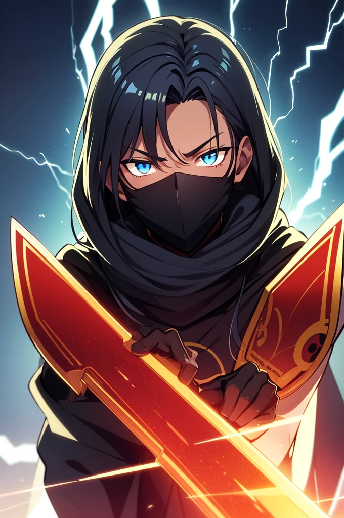 Anime Reality, detailed anime, anime styling, super verbose, high details, masterpiece, high quality, high resolution, 1man, anime male, intense face, black hair, black haired anime man, spiky hair, anime hair, glowing eyes, blue glowing eyes, blue eyes, dark skin, half covered mask, covering lower face, red mask, red face mask, action pose, lightning background, lightning aura, holding sword, bloody sword, looking at viewer, upper body shot, black cloak, black shinobi, dark skinned, dark toned man, male