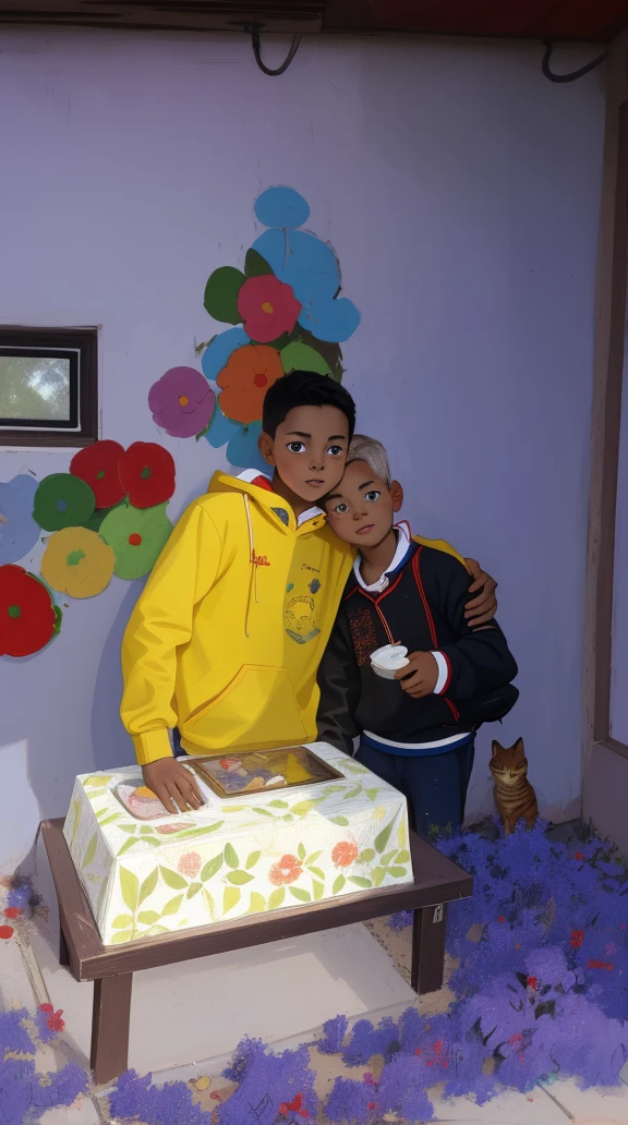 Realistic portrait of a seven-year-old boy, He wears a red shirt . His face is childish and exploratory . He goes out cautiously into the garden of the house, A small cat is among the bushes and he touches it cautiously ,Not facing the camera,, Hair is untidy ,