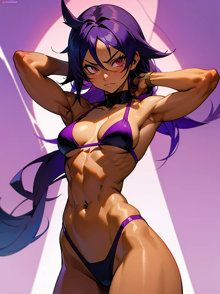 18 year old Yoruichi Shihōin from Bleach with tanned skin in a purple thong bikini flexing her muscles with her hands behind her head so they are not seen to show off her rock hard abs as she looks down on you, highly detailed 