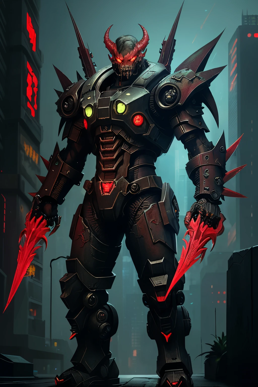cyberpunk, shadowrun, a power armor with claws and fangs, red and with spikes, made for a half dragon, and with shark etchings on the armor
