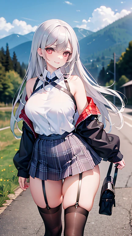 realistic image, coherent image, detailed image, 1 beautiful girl. She has silver hair, long hair, red eyes, long eyelashes. Her face is oval and delicate, smiling. She is wearing a long-sleeved, shoulder-baring, off-shoulder top, plaid pleated mini skirt, sneakers, and mid-thigh stockings. She has a curvy body, medium breasts, thick thighs, background of a mountainous landscape, surrounded by mountains, natural lighting, volumetric lighting