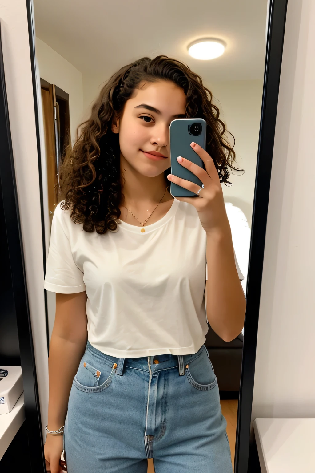 A 17 year old girl Taking a photo of herself in a mirror with the phone in her head Reality with curly hair With an iPhone 12