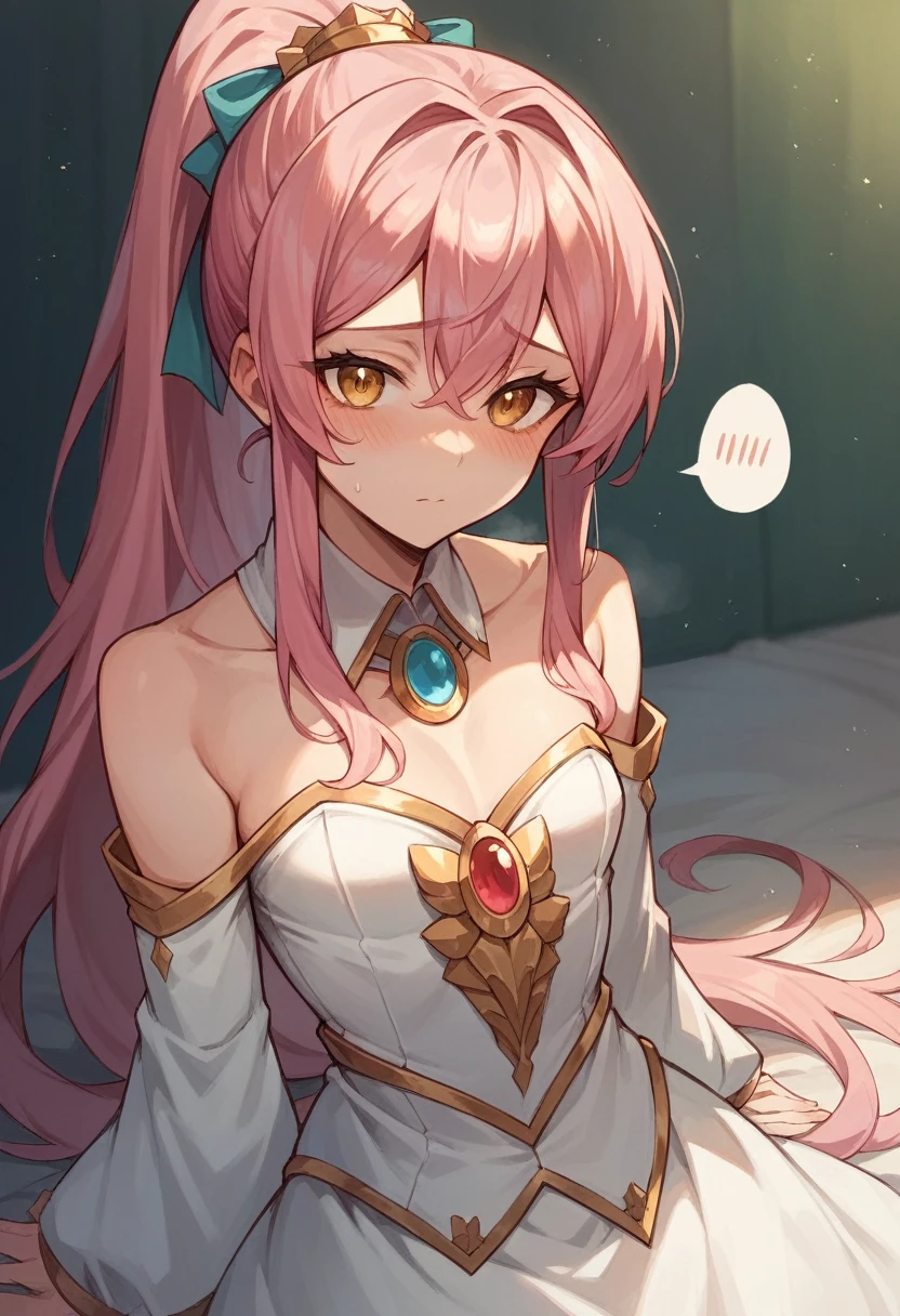 Masterpiece, Best Quality, 1 girl, long pink hair with ponytail, gold eyes, small and short magic girl clothes, blushing, hentai. a lot of chest, showing body.
