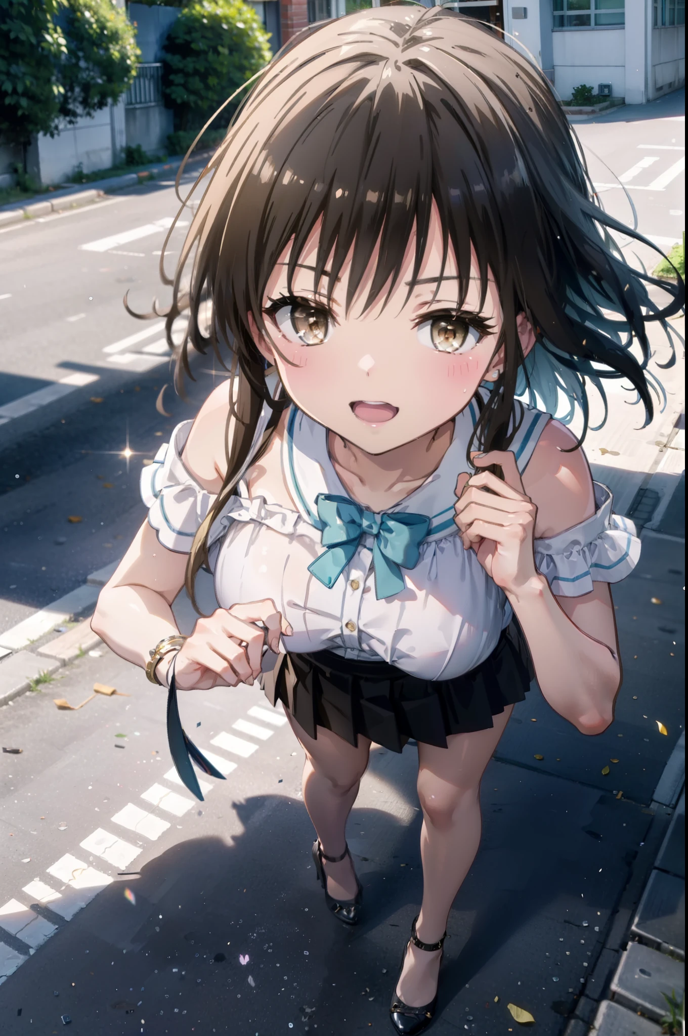 Yuikotegawa, yui kotegawa, Black Hair, (Brown eyes:1.5), Long Hair,Big Breasts,happy smile, smile, Open your mouth,Glasses,Cold shoulder tops,Short sleeve,mini skirt,Stiletto heels,Walking,morning,morning陽,The sun is rising,whole bodyがイラストに入るように,
break outdoors, School,school gate,
break looking at viewer, whole body,
break (masterpiece:1.2), Highest quality, High resolution, unity 8k wallpaper, (figure:0.8), (Beautiful attention to detail:1.6), Highly detailed face, Perfect lighting, Highly detailed CG, (Perfect hands, Perfect Anatomy),