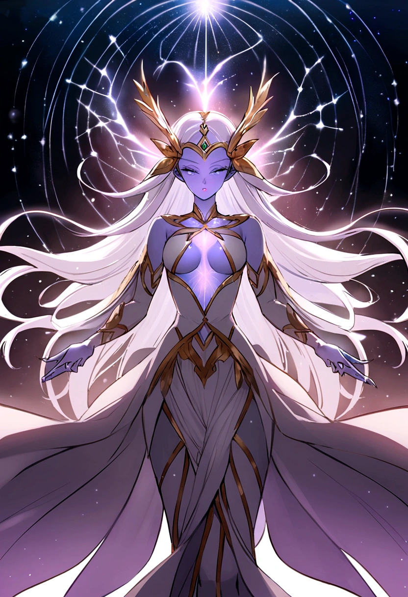 Dragon Ball Super Female Magic Deity as a figure of ethereal beauty, her form draped in shimmering robes that seem to shift between dimensions. Her skin radiates a soft luminescence, and her hair flows like wisps of starlight. Symbols of ancient spells and cosmic constellations adorn her attire, pulsating with faint arcane energy. Her presence exudes an aura of both tranquility and immense power.