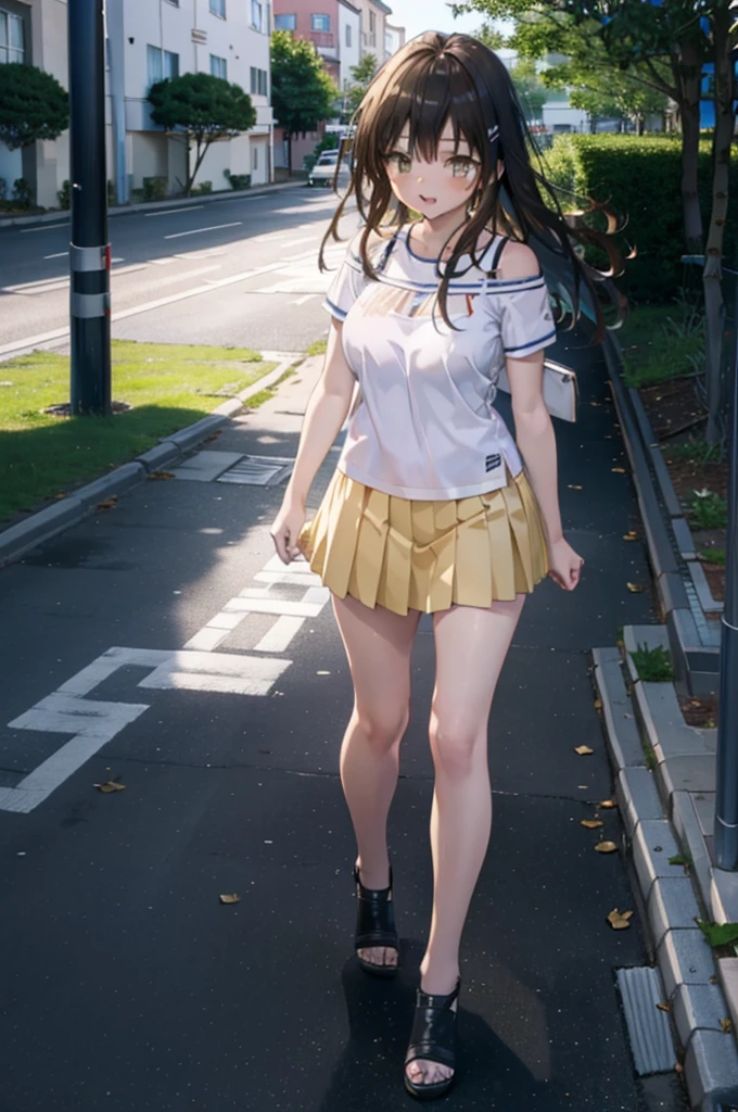 Yuikotegawa, yui kotegawa, Black Hair, (Brown eyes:1.5), Long Hair,Big Breasts,happy smile, smile, Open your mouth,Glasses,Cold shoulder tops,Short sleeve,mini skirt,Stiletto heels,Walking,morning,morning陽,The sun is rising,whole bodyがイラストに入るように,
break outdoors, School,school gate,
break looking at viewer, whole body,
break (masterpiece:1.2), Highest quality, High resolution, unity 8k wallpaper, (figure:0.8), (Beautiful attention to detail:1.6), Highly detailed face, Perfect lighting, Highly detailed CG, (Perfect hands, Perfect Anatomy),