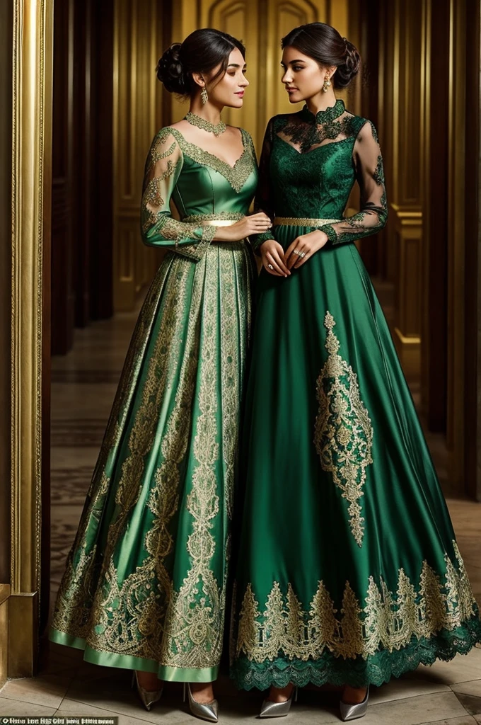 dress was a beautiful shade of emerald green, with lace covering the bodice. There were intricate golden patterns embroidered with green and silver threads. The skirt and puffed sleeves were adorned with the same gold lace patterns..