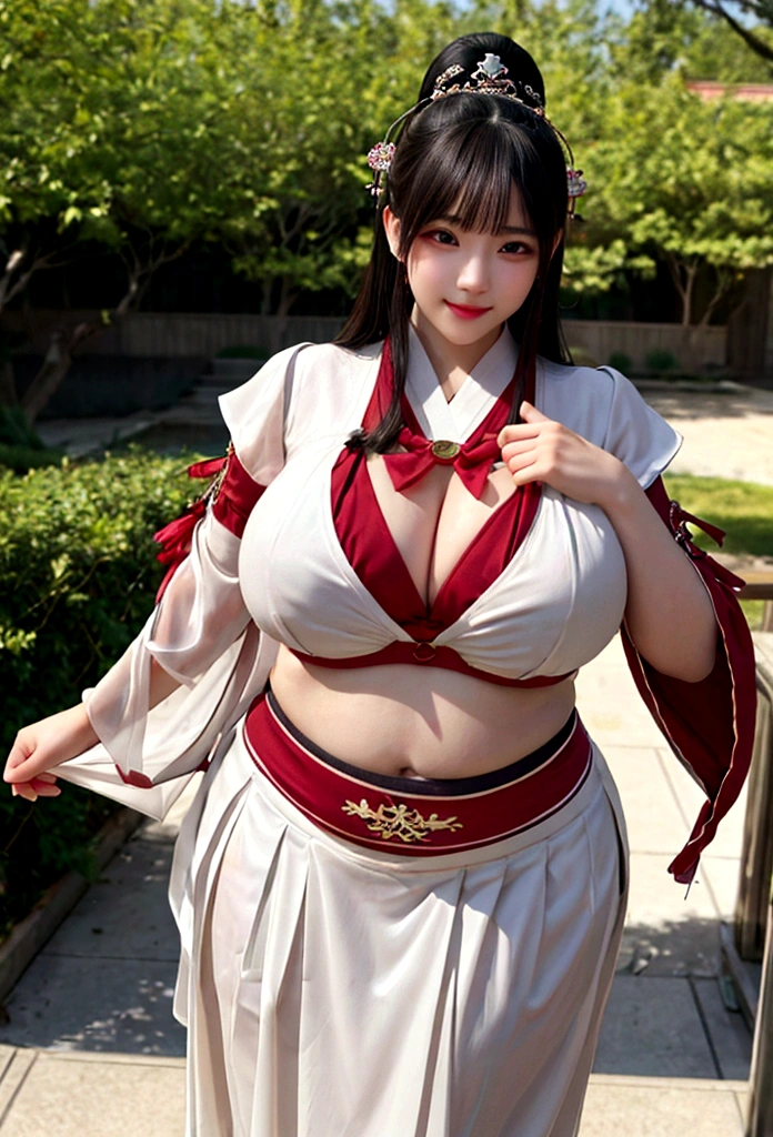 A sexy and beautiful ancient style sister。There is a strong smell of dust on the body。With a flattering smile on his face。Huge filled with milk,Hips up,Plump and slender thighs。The upper body is a cloth pocket and the lower body is a gauze skirt, no outer clothes are needed,Then add some more dramatic dance moves in 32k HD live action photography style。Highlight a plump figure。