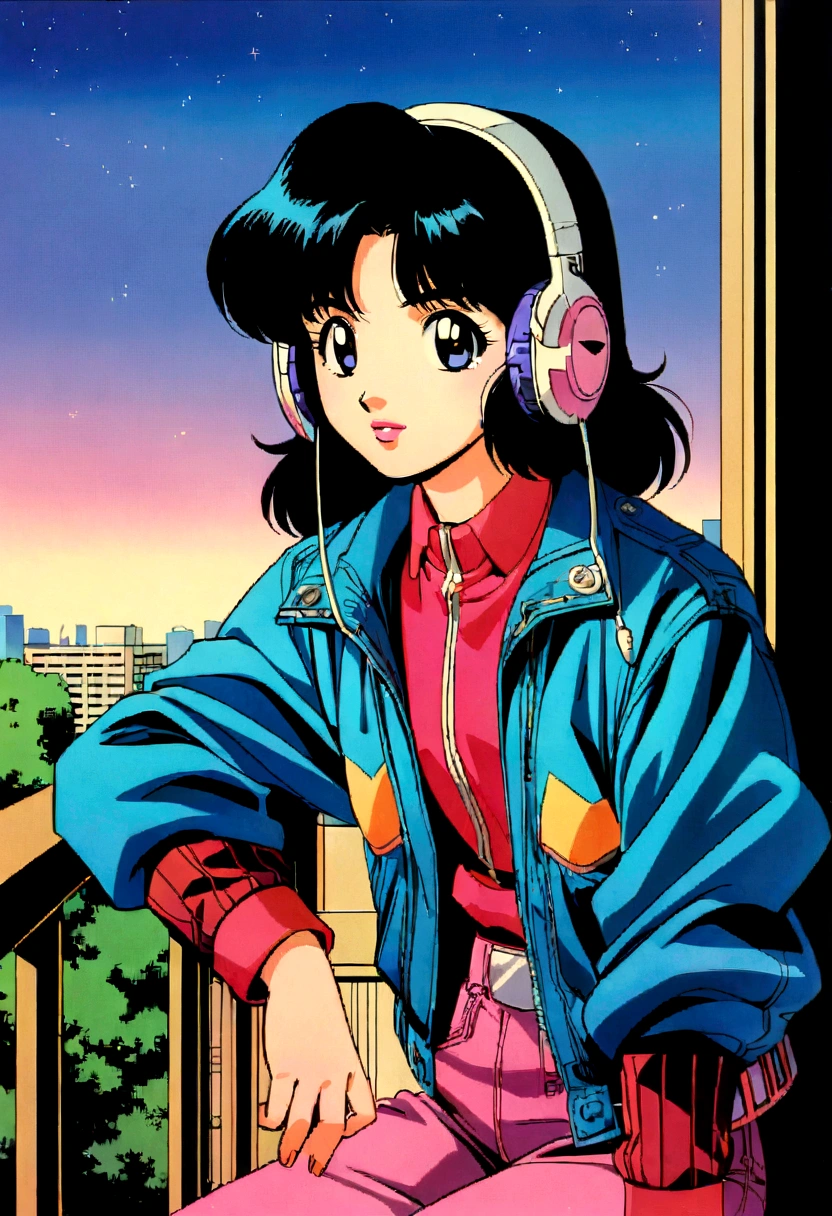 a close-up girl with short black hair with headphones and a jacket sitting on a terrace, 80s anime vibe, 80s anime, 80s anime, 80s aesthetic, 80s anime style, lofi girl, style 80s anime, japanese álbum cover 1 9 80, 80s art, 80s aesthetic