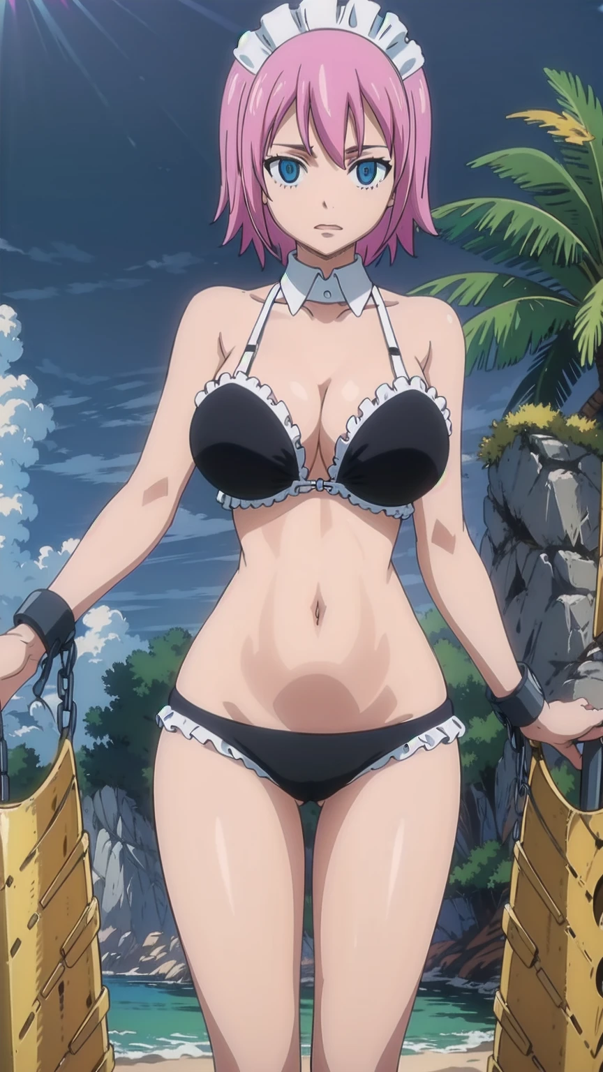 masterpiece, absurdres, (intricate details), (colorful),cinematic lighting,bust shot,extremely detailed CG unity 8k wallpaper, looking at viewer, virgoft, maid, maid headdress, maid bikini, cuffs, blue theme, blue background, cloudy sky, sunlight, orgasmic, bikini swimsuit, large breasts, cleavage, belly button exposed, collarbone, thighs, sea and beach,