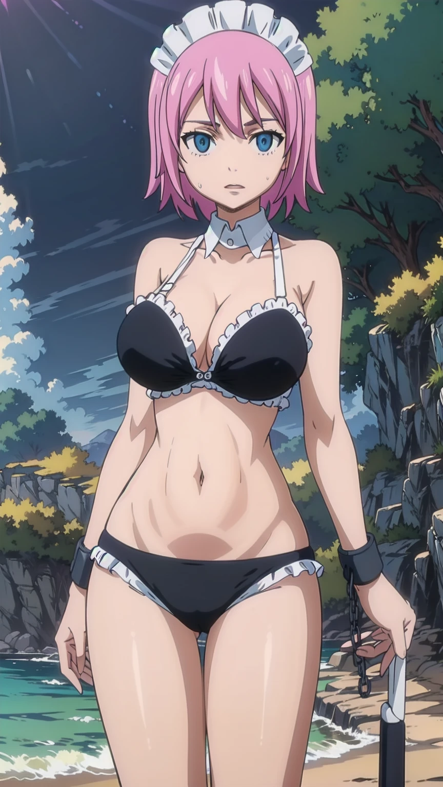 masterpiece, absurdres, (intricate details), (colorful),cinematic lighting,bust shot,extremely detailed CG unity 8k wallpaper, looking at viewer, virgoft, maid, maid headdress, maid bikini, cuffs, blue theme, blue background, cloudy sky, sunlight, orgasmic, bikini swimsuit, large breasts, cleavage, belly button exposed, collarbone, thighs, sea and beach,