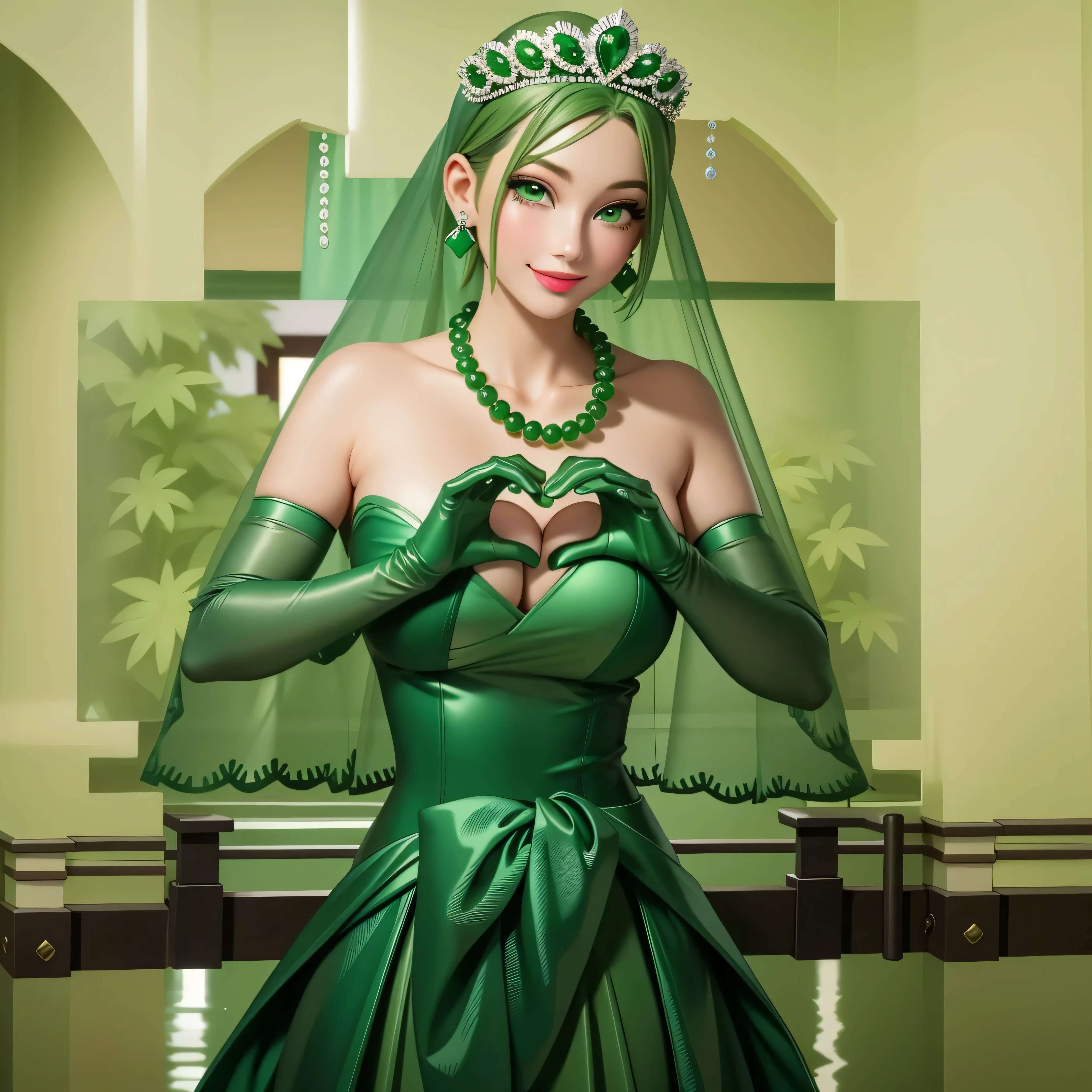 emerald tiara, Green Pearl Necklace, Boyish very short green hair, Green Lips, Smiling Japanese woman, Very short hair, Busty beautiful lady, Green Eyes, Green satin long gloves, Green Eyes, Emerald Earrings, Green veil, Heart with both hands, Green Hair, Beautiful Japanese Woman, Heart shaped hands:1.3, green lip gloss