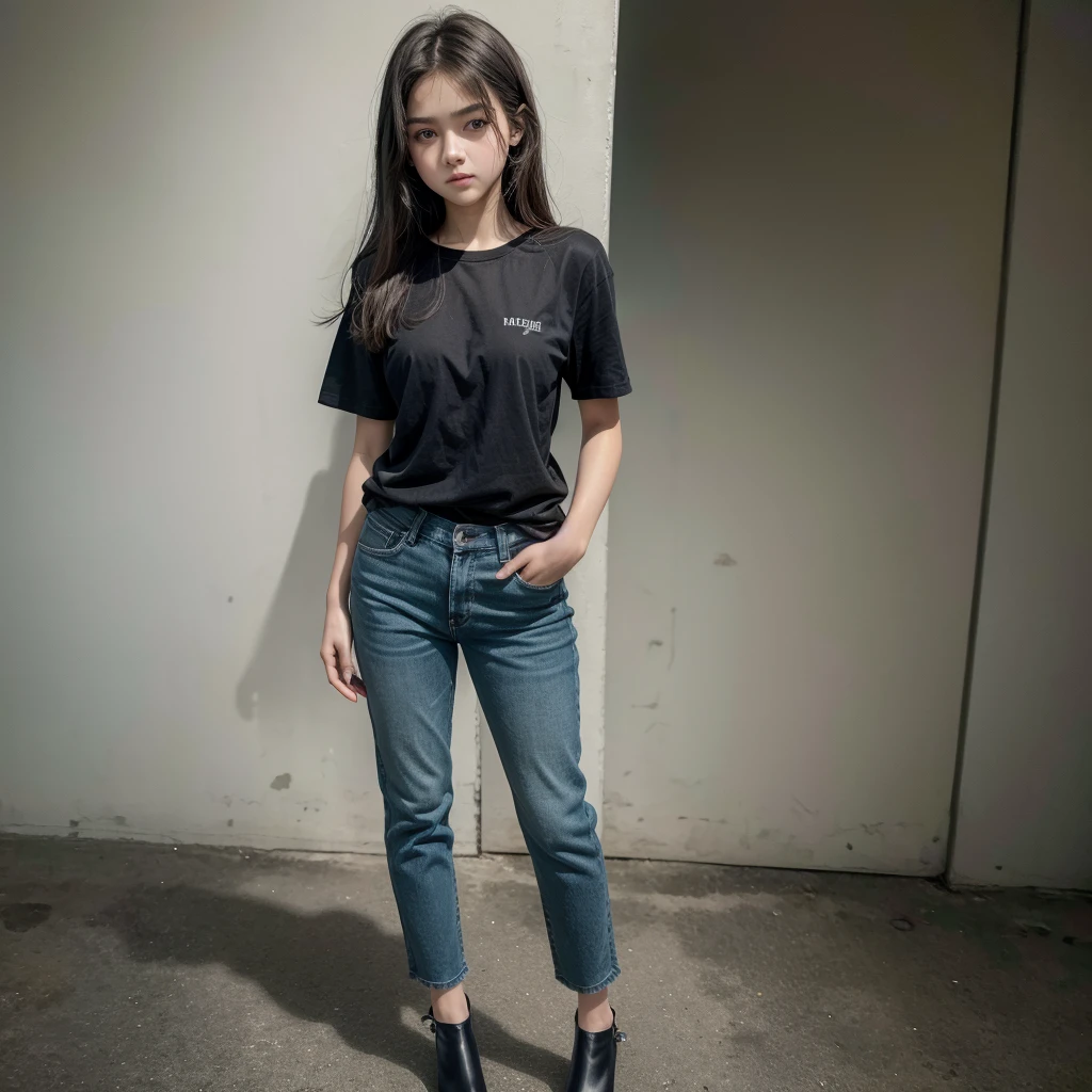 Cute 15 year old girl,by rubio,green eyes,black t-shirt,dark blue denim pants,heels
