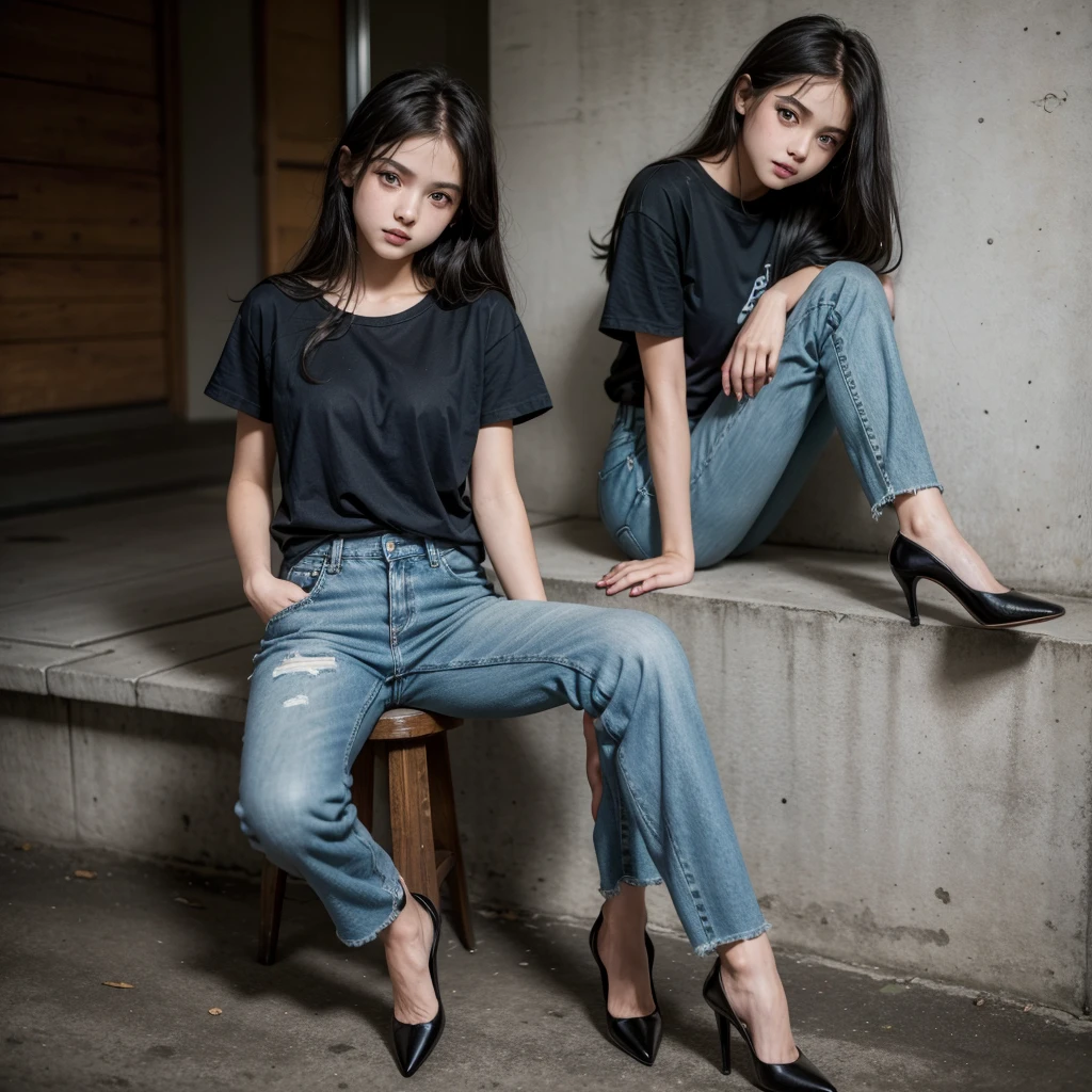 Cute 15 year old girl,by rubio,green eyes,black t-shirt,dark blue denim pants,heels