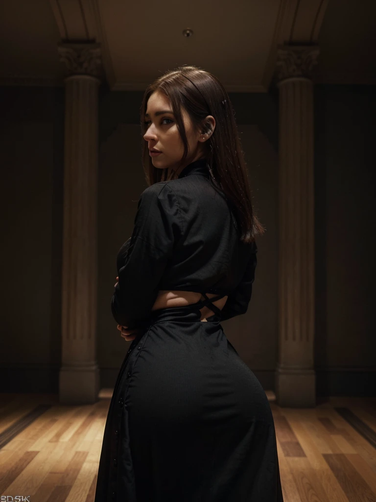 a beautiful gothic woman, sensual clothes, perfil view, large buttocks, brown hair, carismatic room background, detailed facial features, long eyelashes, moody atmosphere, cinematic lighting, dramatic shadows, gloomy, dark, cyberpunk, sci-fi, (best quality,4k,8k,highres,masterpiece:1.2),ultra-detailed,(realistic,photorealistic,photo-realistic:1.37)
