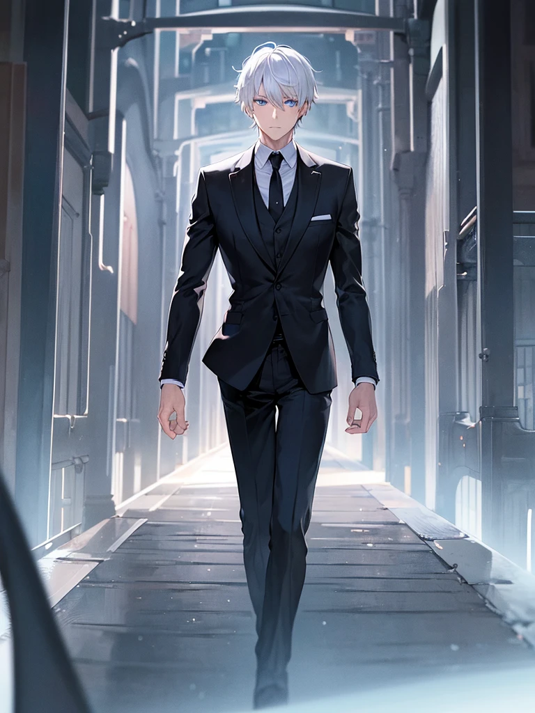 Man, back turned, alone, white hair, blue eyes, short hair, wearing a black suit, night view of the bridge.