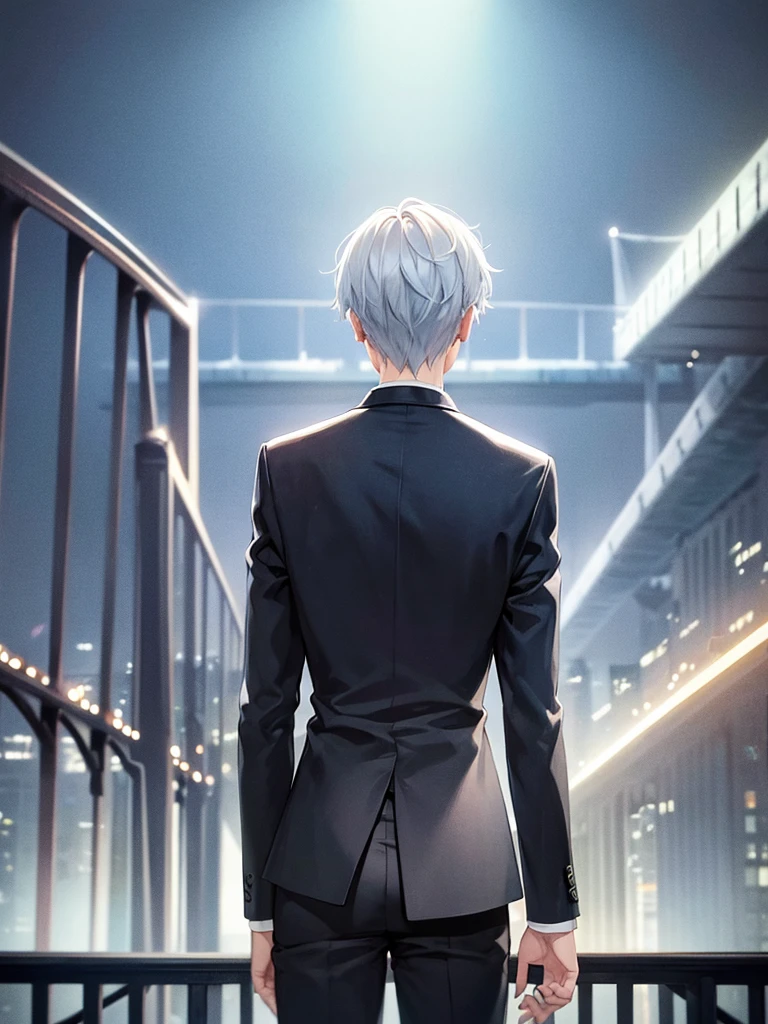 Man, back turned, alone, white hair, blue eyes, short hair, wearing a black suit, night view of the bridge.