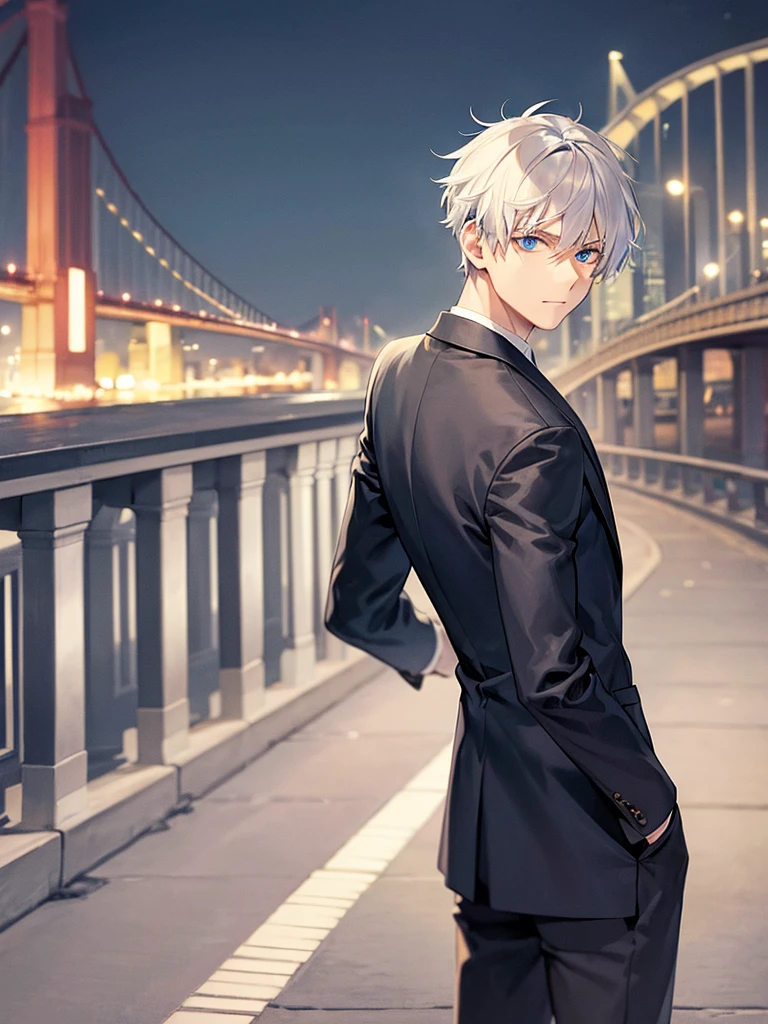 Man, back turned, alone, white hair, blue eyes, short hair, wearing a black suit, night view of the bridge.