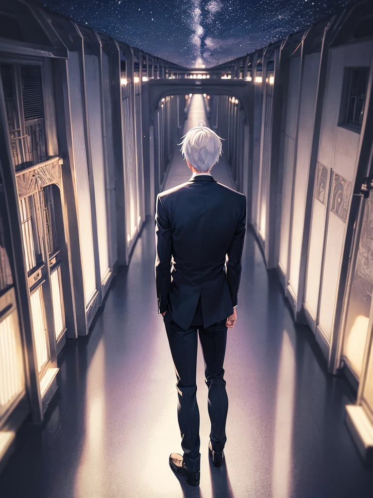 Man, back turned, alone, white hair, blue eyes, short hair, wearing a black suit, night view of the bridge.