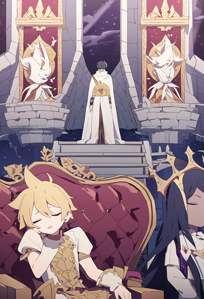 After dying, our protagonist wakes up and when he opens his eyes he finds himself in a large castle., When he looks at the throne he sees 2 figures, They turn out to be the 2 creator gods 