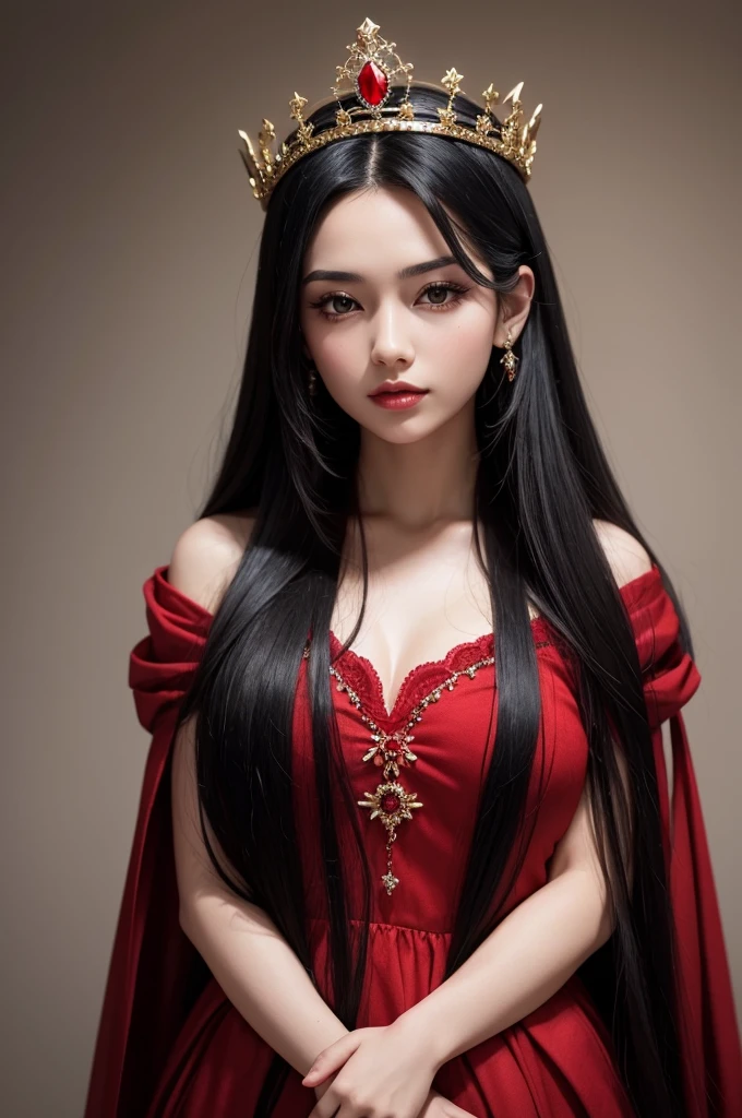 A very beautiful beautiful woman with black hair with a small crown dressed in red With long hair
