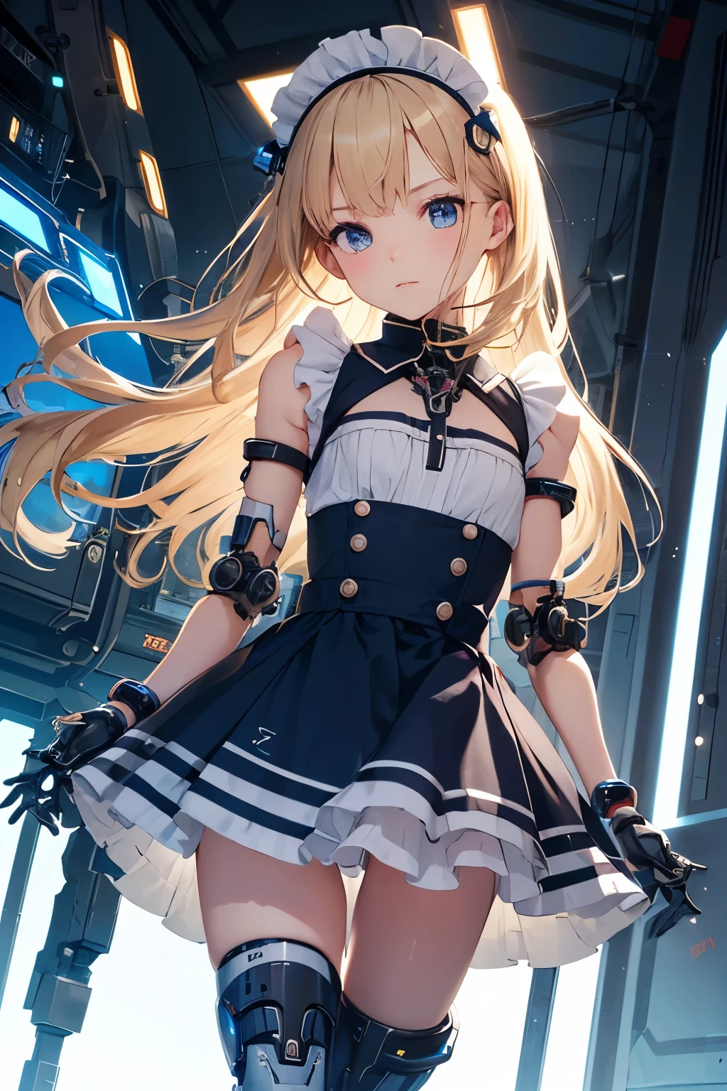   girl ,girl 12 year old  , mechanical face , futuristic maid dress ,flat  chest ,long blonde hair frinje ,(loli body), mechanic-headband, blue leds ,blue  light auréola,   quality, 8k ,maid uniform , Cyborg arms. Mechanical Limbs Metal,  Mechanical legs .Power cablles conected in machine. Circuitos. 