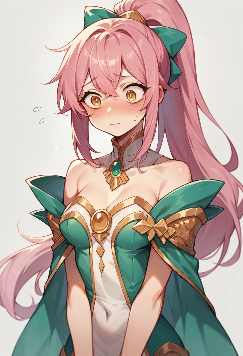 Masterpiece, Best Quality, 1 girl, long pink hair with ponytail, gold eyes, small and short magic girl clothes, blushing, hentai. showing chest, nervous.