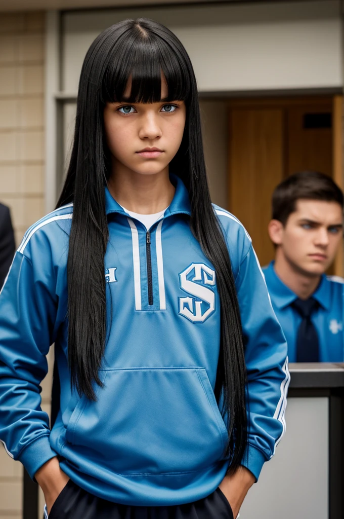 Girl with long straight black hair,with bangs.
He has light blue eyes and has a cold, intimidating expression..He is wearing the UA uniform and in the background he has a UA school class