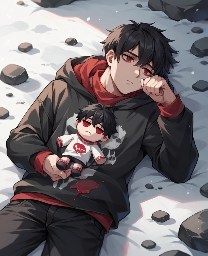 13 year old age boy, wearing black clothes, emo, black hair long, stylish, wearing rock clothes and accessories, look of disinterest, red eyes bleeding, holding a cute anime doll in her hands, lying sad in the snow.