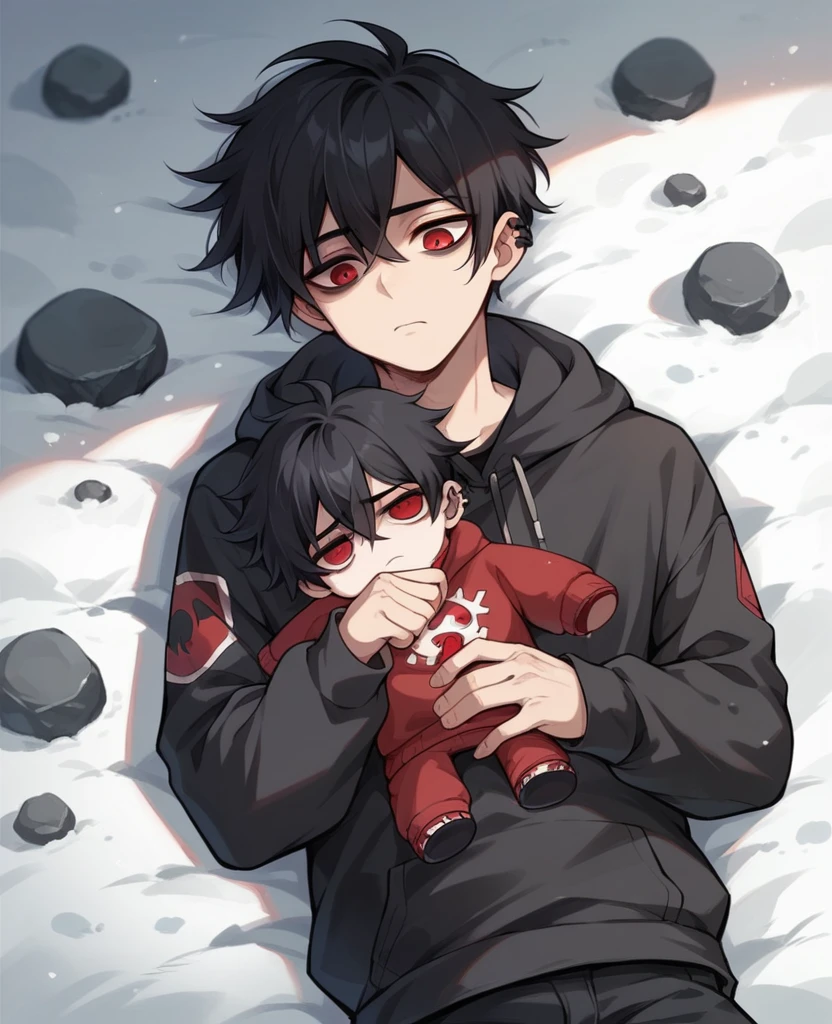 13 year old teenage boy, wearing black clothes, emo, black hair long, stylish, wearing rock clothes and accessories, look of disinterest, red eyes bleeding, holding a cute anime doll in her hands, lying sad in the snow.