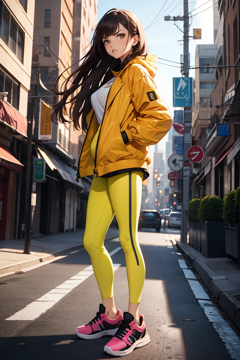 Best quality, Masterpiece, pink leggings , oversized yellow jacket, long brunette hair, medium breasts, full body, city,sneakers , (angry), 45 angle