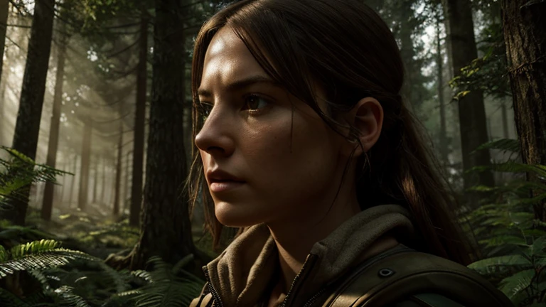 a brave female explorer, detailed realistic portrait, searching for a mysterious figure in the forest, intricate detailed foliage, sunlight filtering through the trees, dramatic lighting, highly detailed, cinematic, epic scale, 8K, photorealistic, award winning digital art, dramatic, cinematic, masterpiece
