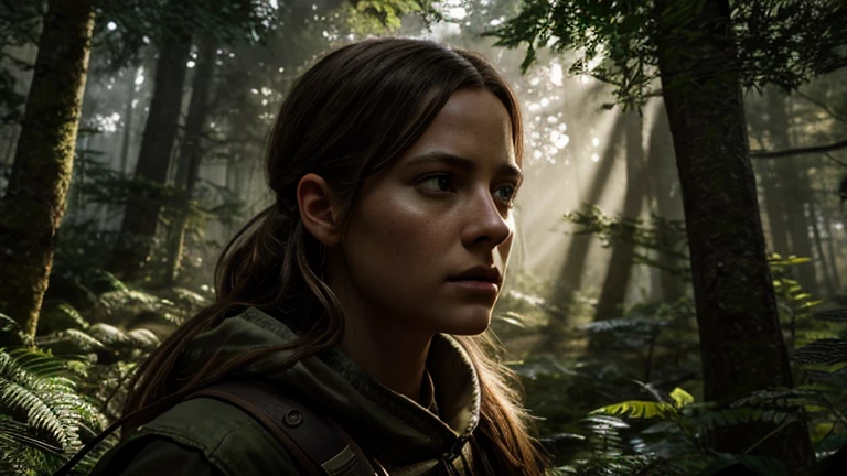 a brave female explorer, detailed realistic portrait, searching for a mysterious figure in the forest, intricate detailed foliage, sunlight filtering through the trees, dramatic lighting, highly detailed, cinematic, epic scale, 8K, photorealistic, award winning digital art, dramatic, cinematic, masterpiece