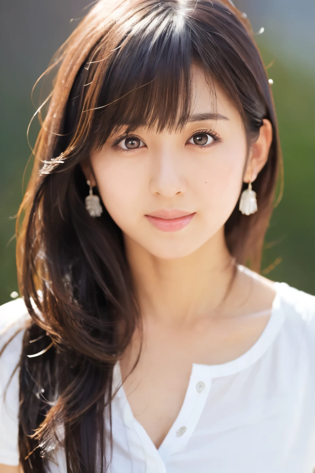 (8k, RAW photos, top quality, masterpiece: 1.2), ultra detailed, super resolution, (real photos: 1.37), portraits, high definition RAW color photos, professional photos, official art, highly detailed CG Unity 8k wallpapers, beautiful Japanese woman, {30|40} years old, highly detailed faces, Highly detailed eyes, highly detailed skin, Highly detailed nose, Highly detailed mouth, Perfect anatomy, Highly detailed background, Highly detailed clothing, One Girl, famous Japanese actress, realistic body, white skin, radiant skin, slender body, very thin waist, handsome body, brown hair, {short|long} hair, (blunt bangs:1.2), cute face, slight smile, Realistic Face, White shirt, Earrings, Camera Gaze, Cowboy Shot, Standing Figure, Dynamic Lighting,