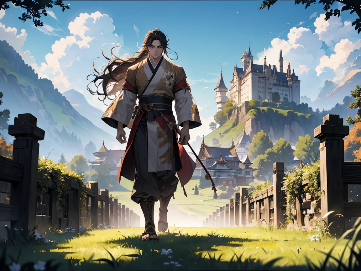 make a young and strong fighter, He is muscular and has long hair and wears a kimono with ripped sleeves., he will be walking through a grassy terrain with a castle in the background, and the strong wind blowing, he walks in front of us