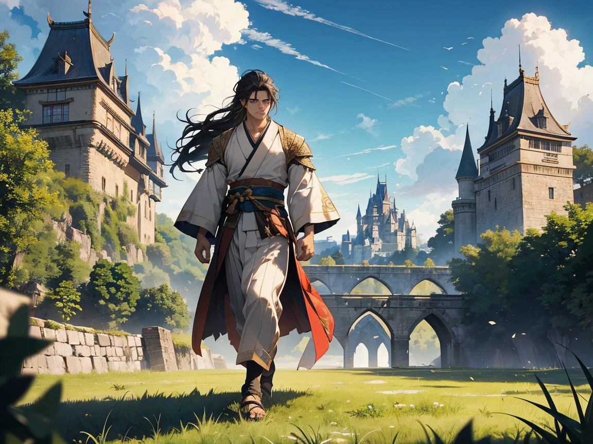 make a young and strong fighter, He is muscular and has long hair and wears a kimono with ripped sleeves., he will be walking through a grassy terrain with a castle in the background, and the strong wind blowing, he walks in front of us
