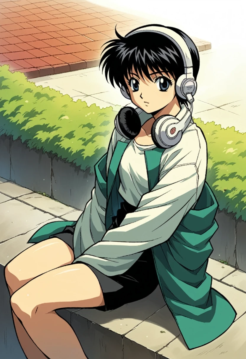 a close-up girl with short black hair with headphones and a jacket sitting on a terrace, 80s anime vibe, 80s anime, 80s anime, 80s aesthetic, 80s anime style, lofi girl, style 80s anime, japanese álbum cover 1 9 80, 80s art, 80s aesthetic