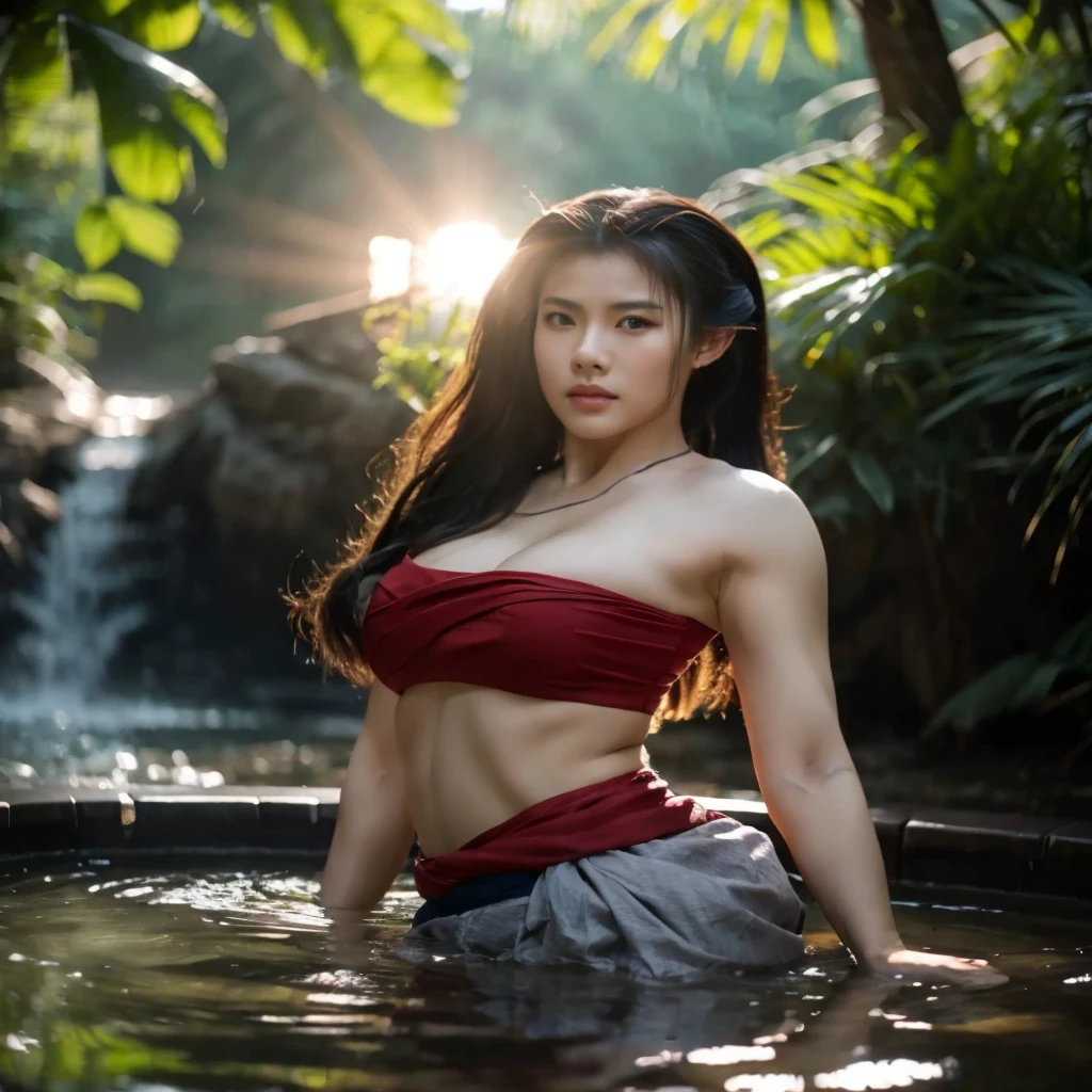 Beautiful line, ancient warrior, Thai warrior, ponytail, His long hair flowed up., Chest measurement 38 inches., large breasts , 8k images, Shot with the most modern, high quality camera 45,000,000 pixcls,Warm light,realistically,