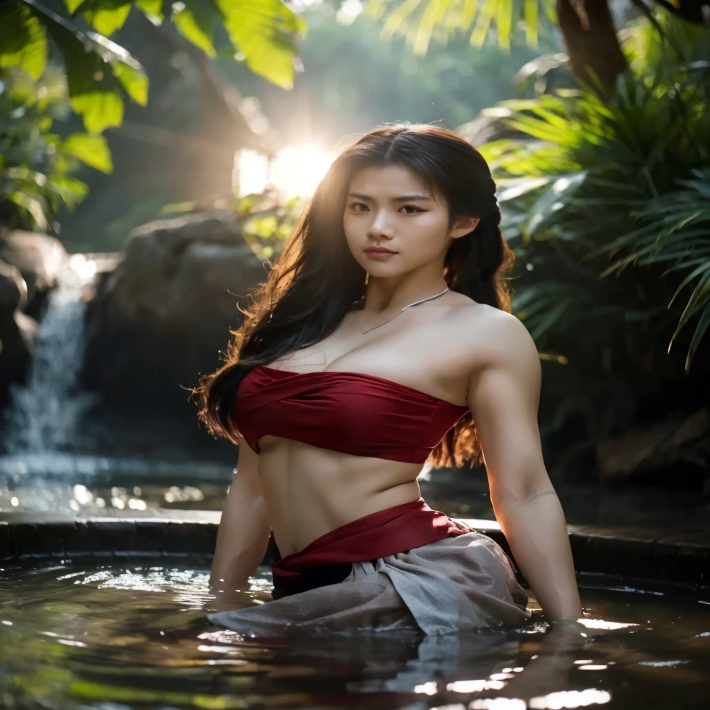 Beautiful line, ancient warrior, Thai warrior, ponytail, His long hair flowed up., Chest measurement 38 inches., large breasts , 8k images, Shot with the most modern, high quality camera 45,000,000 pixcls,Warm light,realistically,