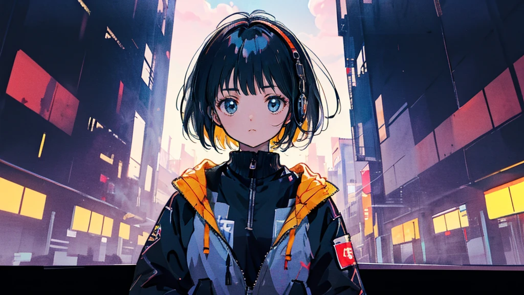 Black short Hair, Black Clothing, One Adult Woman Looking Sideways ,Blue headphones、 Delicate background、Masterpiece、night、dark、Nostalgic、night lighting、Inside the room、You can see Tokyo Tower