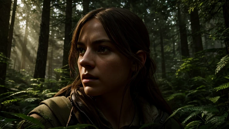 a brave female explorer, detailed realistic portrait, searching for a mysterious figure in the forest, intricate detailed foliage, sunlight filtering through the trees, dramatic lighting, highly detailed, cinematic, epic scale, 8K, photorealistic, award winning digital art, dramatic, cinematic, masterpiece